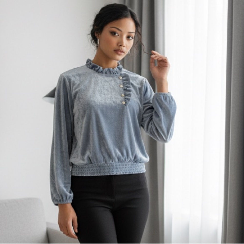 Monarch Knits blue velour like fabric ruffle neck button bell wrist blouse top L
